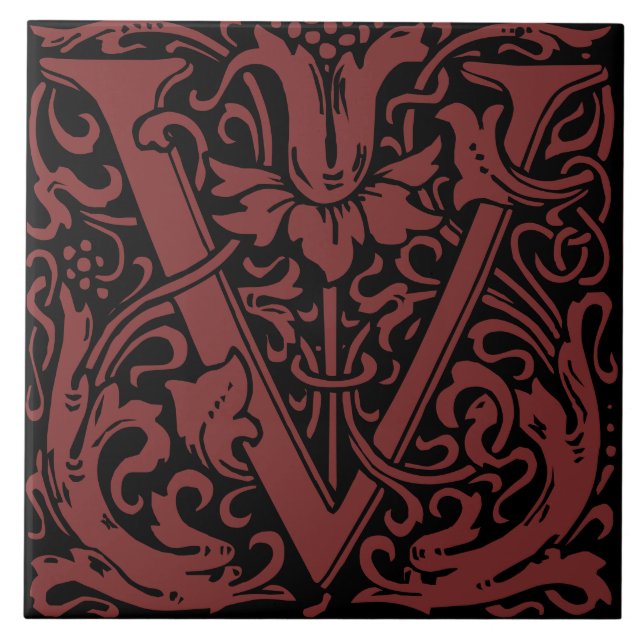 William Morris Art Nouveau Floral Initial Letter U Tile (Front)