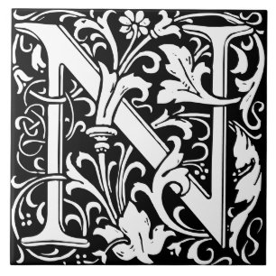 William Morris Art Nouveau Monogrammed Letter N Tile