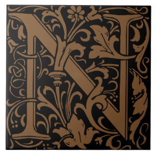 William Morris Art Nouveau Monogrammed Letter N Tile