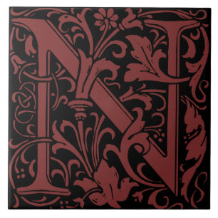 William Morris Art Nouveau Monogrammed Letter N Tile