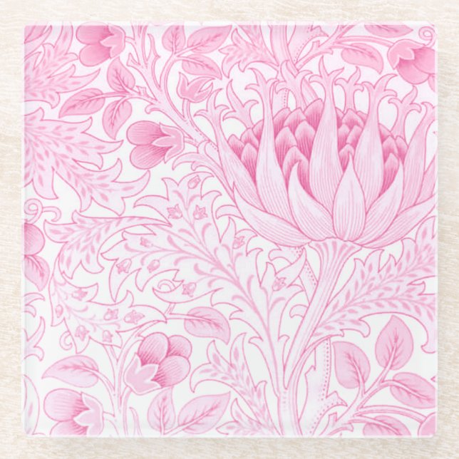 William Morris Artichoke Pale Pink Glass Coaster (Front)