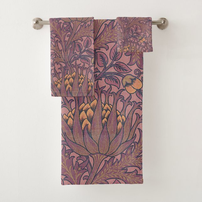 William Morris Artichoke Wine and Gold Bath Towel Set (Insitu)