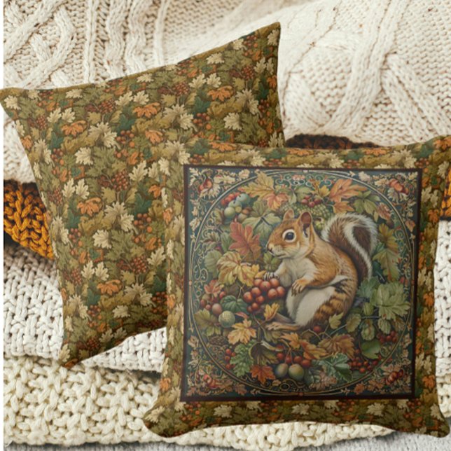 William Morris Autumn Chipmunk Leaves Berries Cushion (Creator Uploaded)