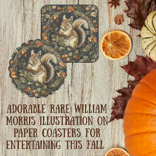 William Morris Autumn Chipmunk Leaves Berries Square Paper Coaster