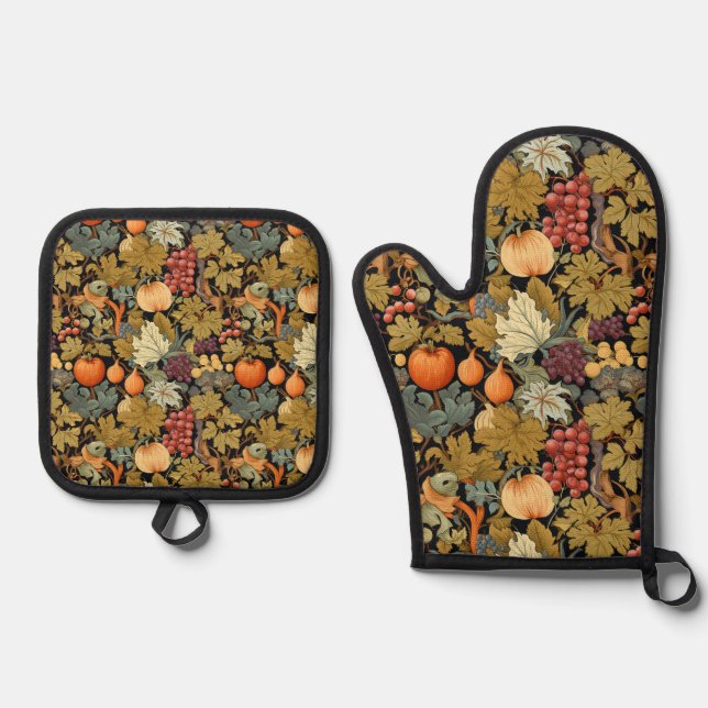 William Morris Autumn Leaves Pumpkins Oven Mitt & Pot Holder Set (Front)