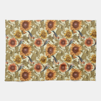William Morris Autumn Sunflowers Birds Autumn Tea Towel