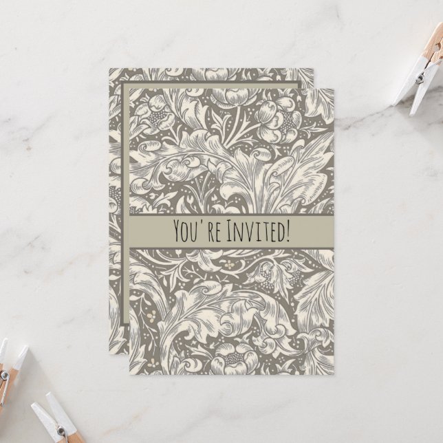 William Morris Bachelor's Button antique damask Invitation (Front/Back In Situ)