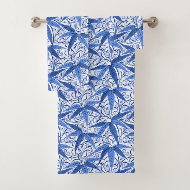 William Morris Bamboo Print, Cobalt Blue & White Bath Towel Set (Insitu)