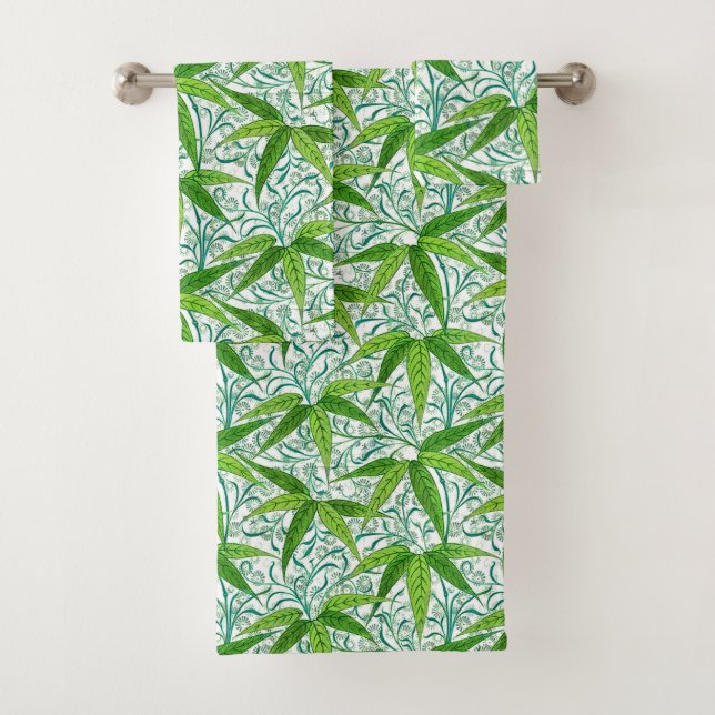 William Morris Bamboo Print, Green and White Bath Towel Set (Insitu)