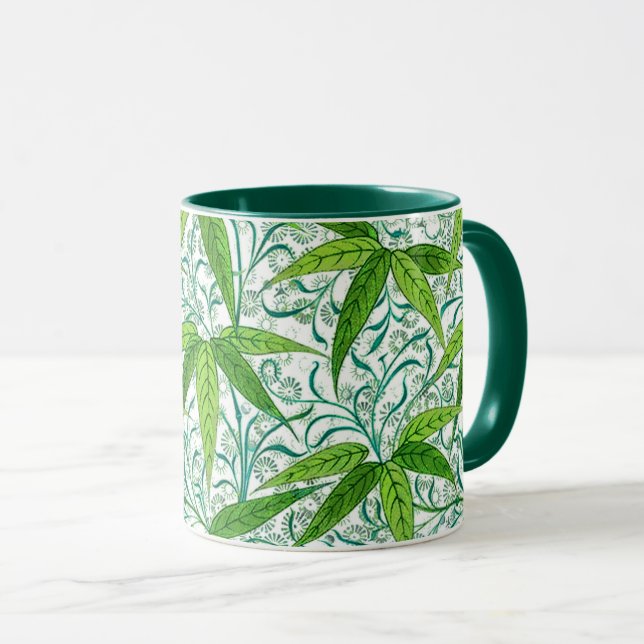 William Morris Bamboo Print, Green and White Mug (Front Right)
