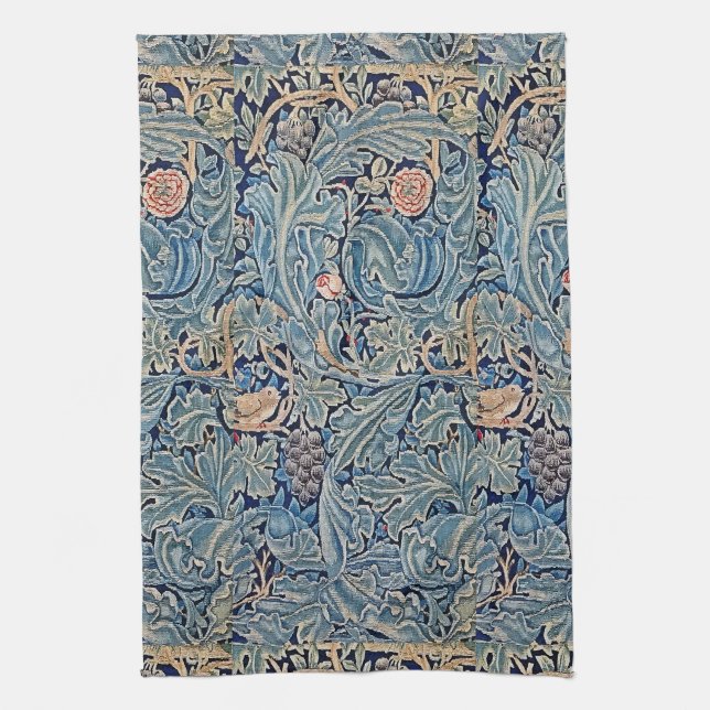 William Morris Beautiful Floral Pattern Blue Pink  Tea Towel (Vertical)