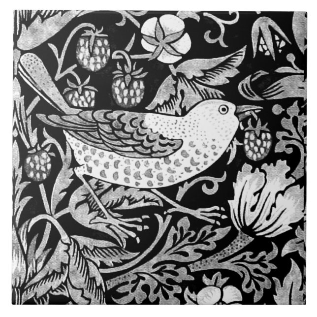 William Morris Bird & Flower Tile, Black and White Tile (Front)