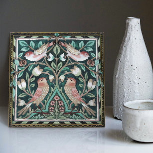 William Morris Birds and Tulips Green Art Nouveau Tile