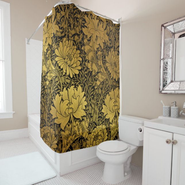 William Morris Black And Gold Floral Pattern Shower Curtain (In Situ)