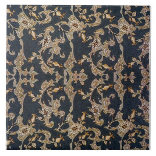 William * Morris Black and Gold Pine Cone Design Tile