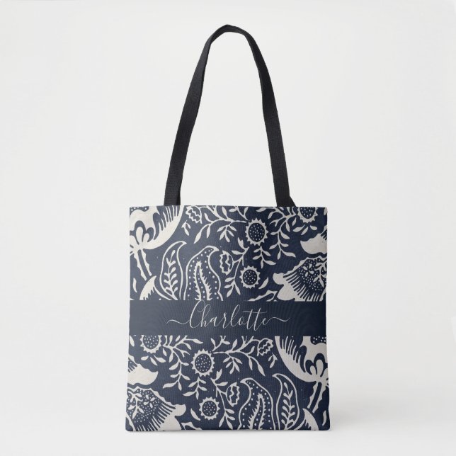 William Morris Black Cream Floral Monogram Tote Bag (Front)