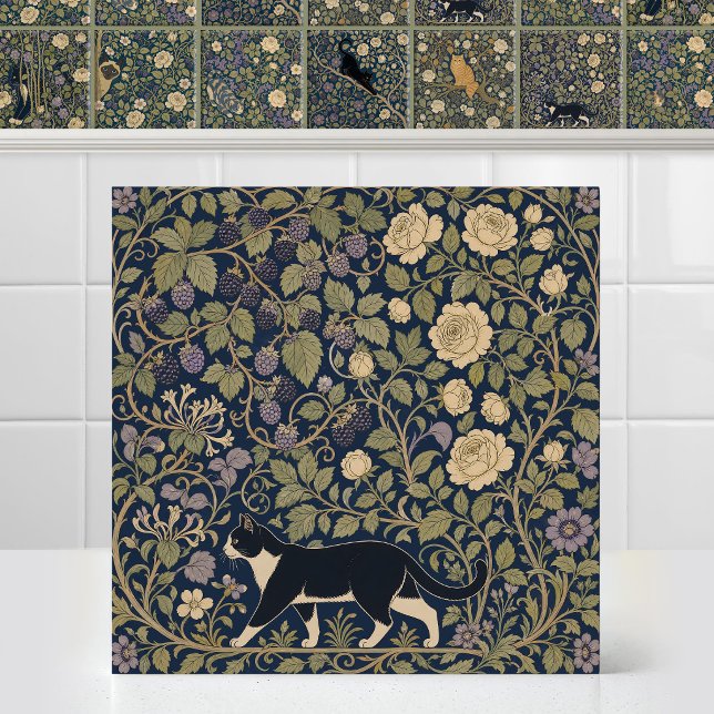 William Morris Black White Cat Baseline Canopy Bow Tile (Antique Art Nouveau Pattern William Morris Black White Cat Baseline Canopy Bow Ceramic Tile Mural)