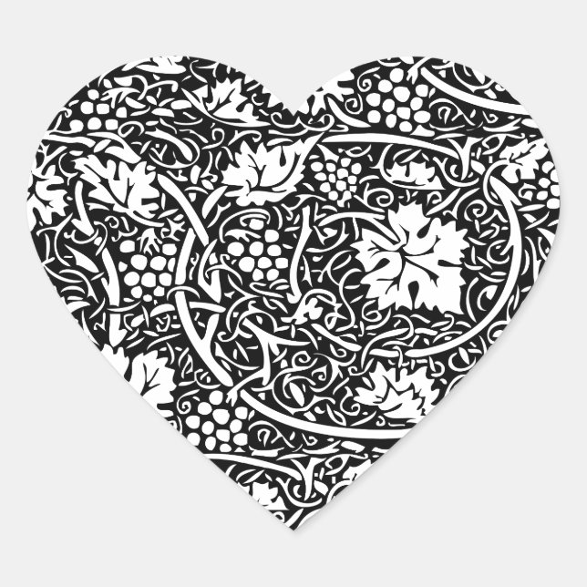 William Morris Black White Grape Vine Pattern Heart Sticker (Front)