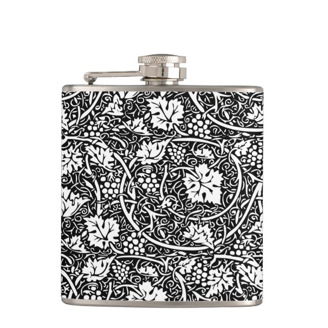 William Morris Black White Grape Vine Pattern Hip Flask (Front)