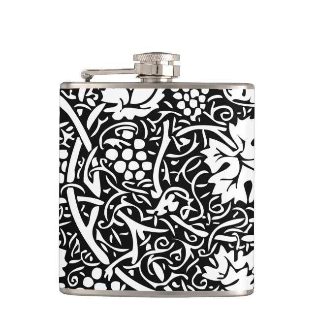 William Morris Black White Grape Vine Pattern Hip Flask (Front)