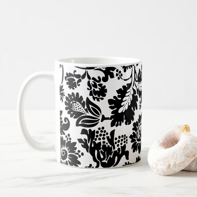 William Morris Black White Venetian Floral Pattern Coffee Mug (With Donut)