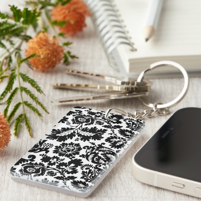 William Morris Black White Venetian Floral Pattern Key Ring (Front Right)