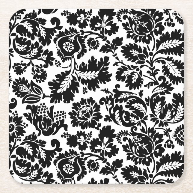 William Morris Black White Venetian Floral Pattern Square Paper Coaster (Front)