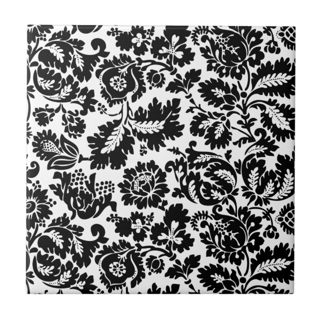 William Morris Black White Venetian Floral Pattern Tile (Front)