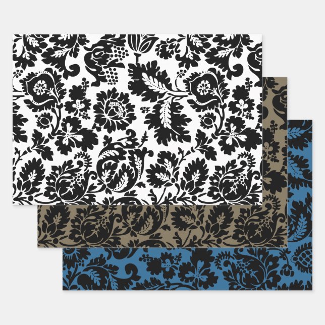 William Morris Black White Venetian Floral Pattern Wrapping Paper Sheet (Set)
