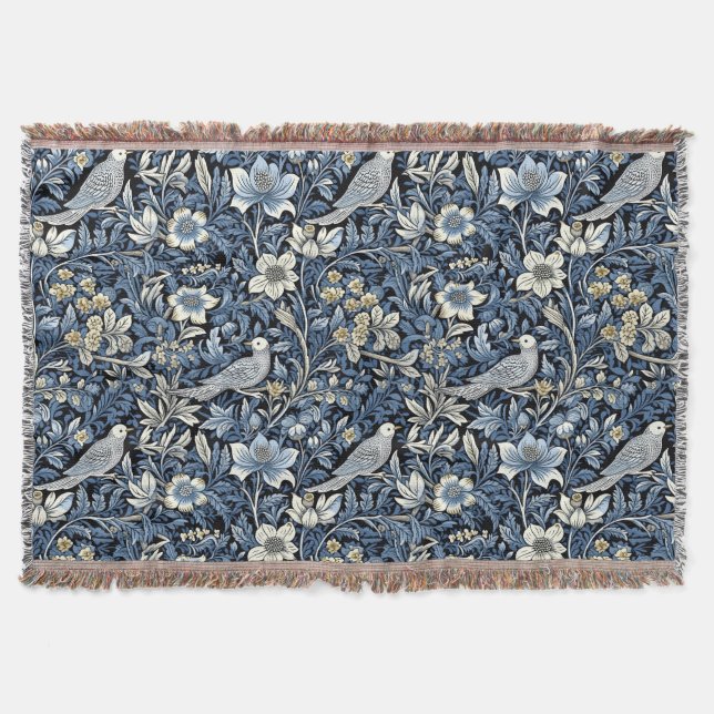 William Morris Blue Foliage Pattern Wallpaper Throw Blanket (Front)
