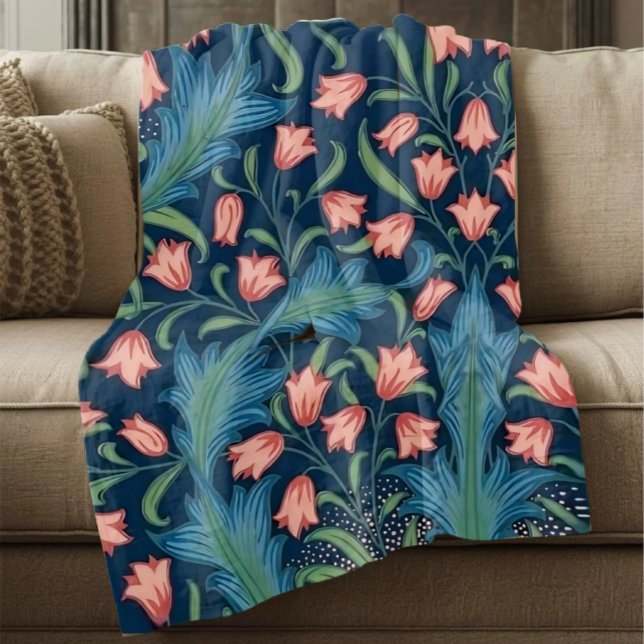 William Morris Blue Green Pink Floral Pattern Fleece Blanket (Creator Uploaded)