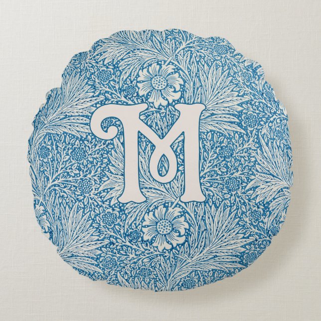 William Morris Blue Marigold Monogram Round Cushion (Front)
