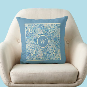 William Morris Blue Marigold Pattern with Initial Cushion