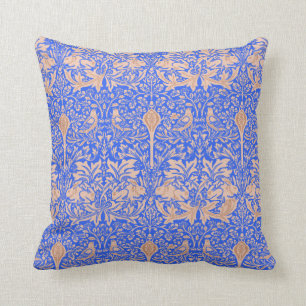 William Morris Blue Tan Rabbits Patterned Damask Cushion