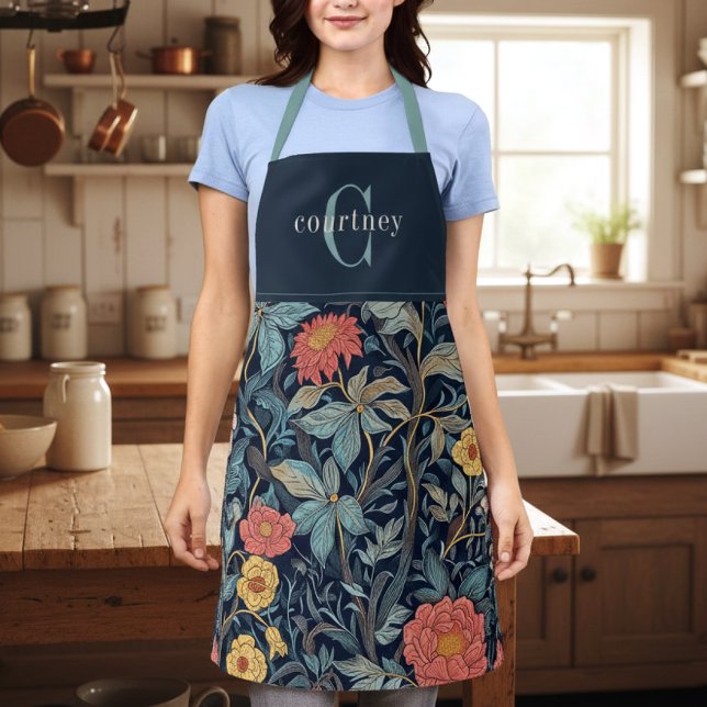 William Morris Blue Teal Floral Monogram Apron (Creator Uploaded)