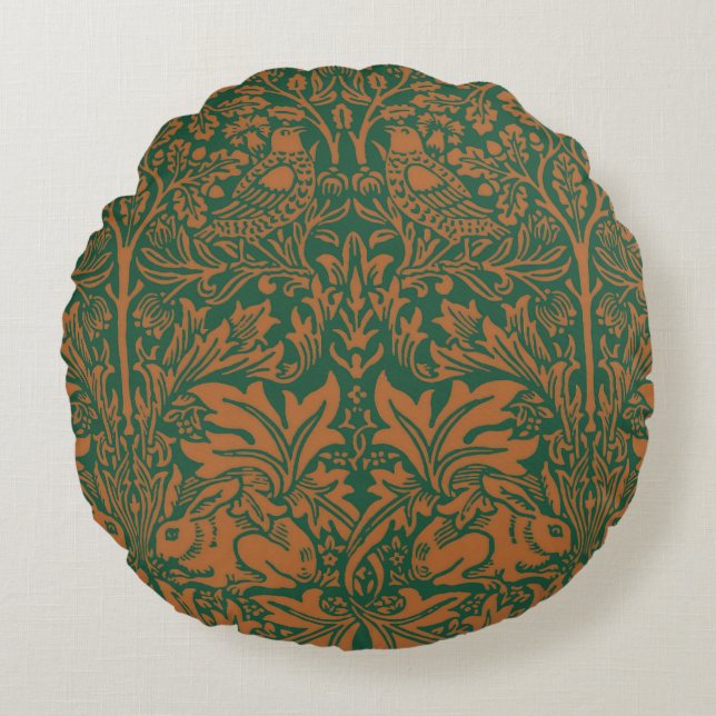 William Morris Brother Rabbit Amber Black Pattern Round Cushion (Front)