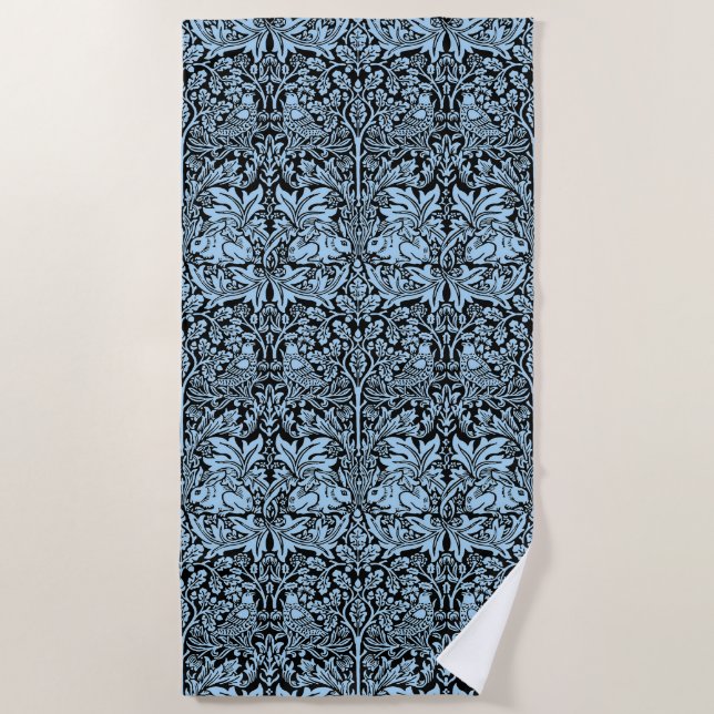 William Morris Brother Rabbit Light Blue Black Beach Towel (Front)