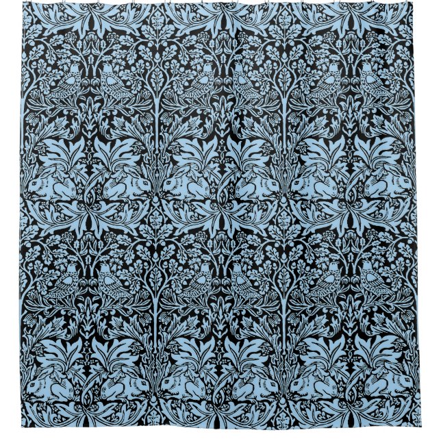 William Morris Brother Rabbit Light Blue Black Shower Curtain (Front)