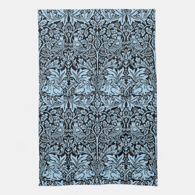 William Morris Brother Rabbit Light Blue Black Tea Towel (Vertical)