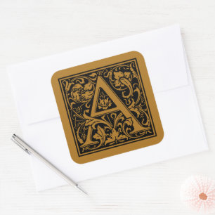 William Morris Capital Letter A Matte Antique Gold Square Sticker