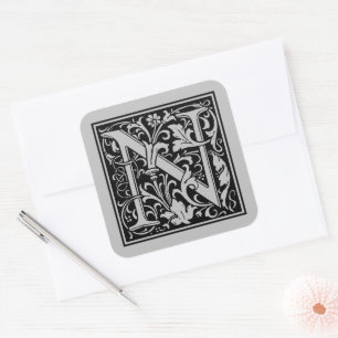 William Morris Capital Letter N Matte Silver Square Sticker