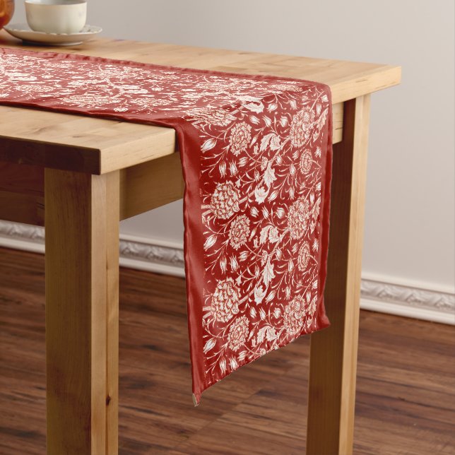 William Morris Carnation Print, Deep Red and White Long Table Runner (In Situ)