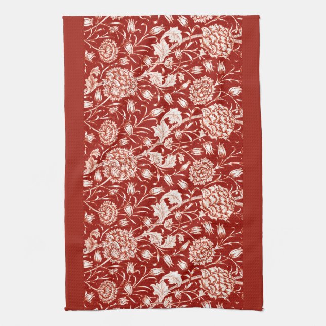 William Morris Carnation Print, Deep Red and White Tea Towel (Vertical)
