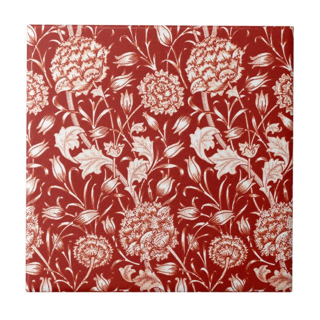 William Morris Carnation Print, Deep Red and White Tile (Front)