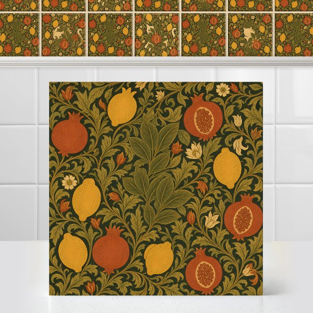 William Morris Cat Fruit Citrus Matching Pattern Tile (Antique Art Nouveau William Morris Cat Citrus Fruit Pattern Tapestry Ceramic Tile Mural)