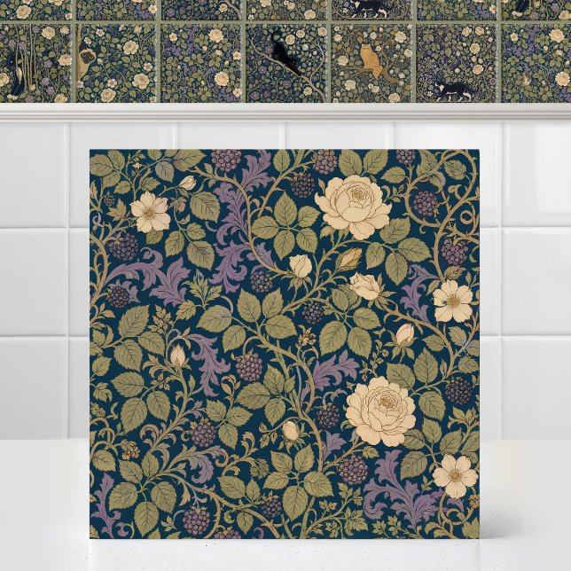 William Morris Cat Mural Foliage Canopy Pattern Tile (Antique Art Nouveau Matching Cat Pattern William Morris Foliage Canopy Ceramic Tile series)