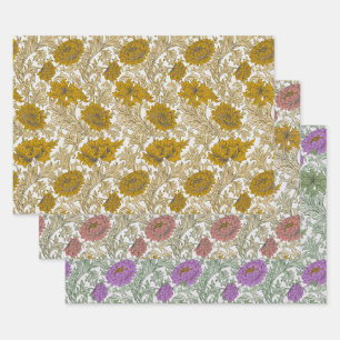 William Morris Chrysanthemum Floral Golden Red Wrapping Paper Sheet