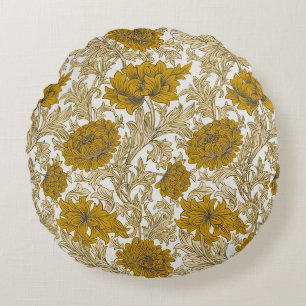 William Morris Chrysanthemum Floral Golden Yellow Round Cushion