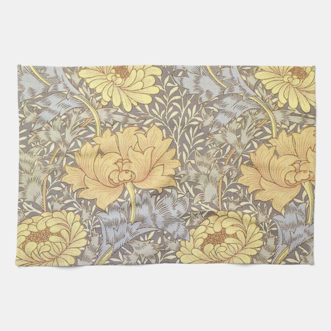 William Morris Chrysanthemum Mum Flowers Tea Towel (Horizontal)