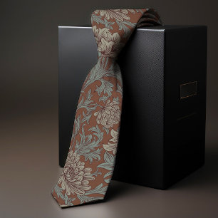 William Morris Chrysanthemum Pattern Teal Brown Tie